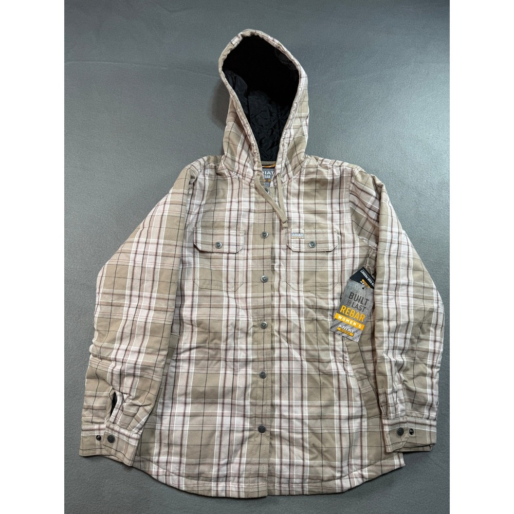 Ariat Rebar Flannel Shacket Womens Small Fossil Plaid Hooded Insulated NEW